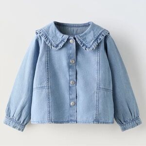 ZARA Girls Ruffle Collar Denim Shirt 5Y Scandi Cottagecore French Girl Peter Pan